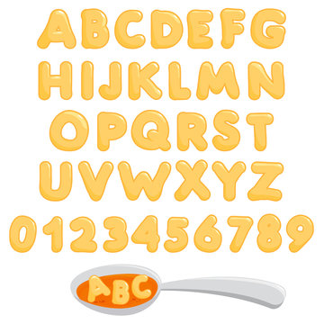 Alphabet pasta font and spoon with alphabet soup on white background. Vector illustration