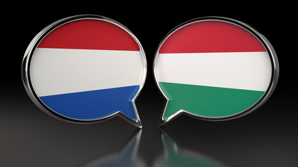 Netherlands and Ukraine flags with Speech Bubbles. 3D illustration