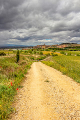 Fototapeta na wymiar Unpaved country road on the Way of St. James, Camino de Santiago leading to the town of Viana in Navarre, Spain, a pilgrim in the distance