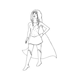 super heroe girl with long cape is standing in strong and proud pose