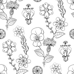 Monochrome seamless pattern with flowers, hand drawn floral texture