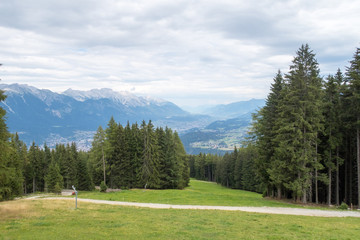 Fototapeta na wymiar View from Mutterer Alm (Alp close to Mutters) over Innsbruck valley, Austria