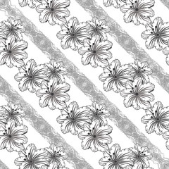 Obraz premium Seamless pattern. Decorated with leaves and flowers. Doodles style. for summer fabric, wrappers, covers. Easy to edit. black and white
