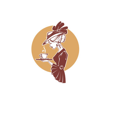 victorian lady portrait, holding with cup of tea, coffee or chocolate.  Logo for restaurant, cafe or tea company