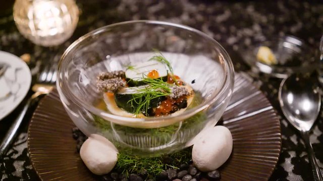 Fine Dining. Seafood. Scallops, abalone and salmon roe. High class premium meal in top restaurant.