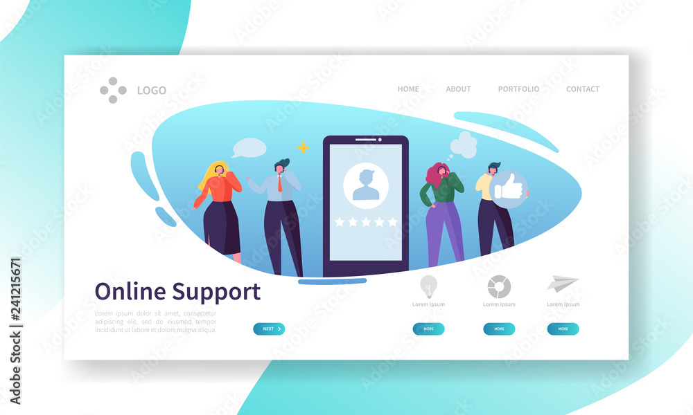 Poster customer support internet service landing page. operator character call online business client by he