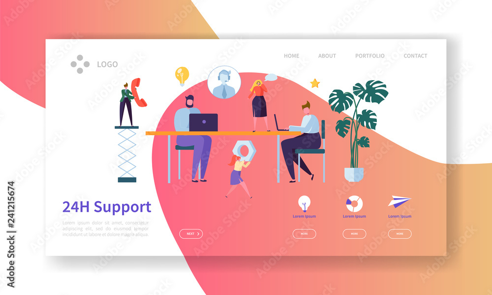 Aufkleber technical support customer help service landing page. online assistant character at laptop in headse