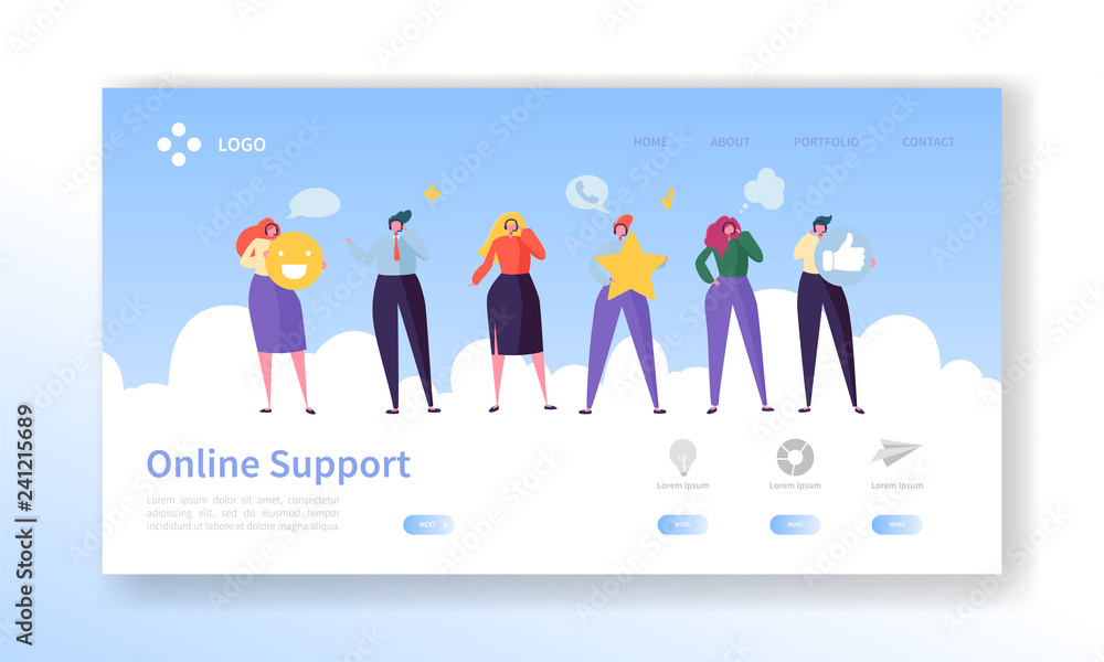 Poster online customer service technical support landing page. operator character chat to help user solutio