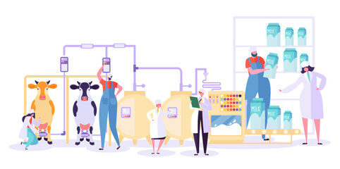 Milk Factory Production Process Character Set. Dairy Food Machine Industry Plant. Modern Manufacture Tank Refrigerator Equipment Business Collection Flat Cartoon Vector Illustration