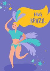 Brazil Carnival Banner with Dancing Woman. Rio de Janeiro Traditional Festival with Girl Character in Festive Costume for Invitation, Poster, Card. Vector illustration