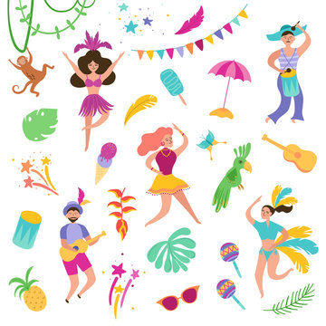 Brazil Carnival Festive Set with Dancing Characters Woman and Man in Traditional Costumes. Brazilian Samba Dancers Rio de Janeiro. Vector illustration