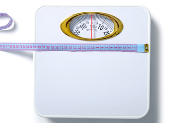 White weighing scale centimeter on a white background isolation, top view