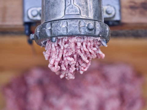 Mincing machine with meat