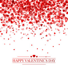 Red pattern of random falling hearts confetti. Border design element for festive banner, greeting card, postcard, wedding invitation, Valentines day and save the date card. Vector illustration