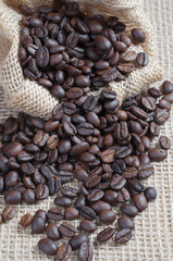 Coffee beans scattered from the sack