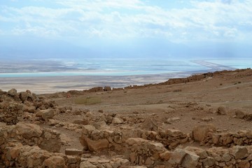 Fototapeta na wymiar Masada - ancient fortification, desert fortress of Herod in Judean desert, view of dead sea, Israel