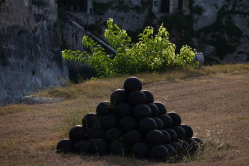 A stack of iron canon balls ready in an ancient Cuban castle