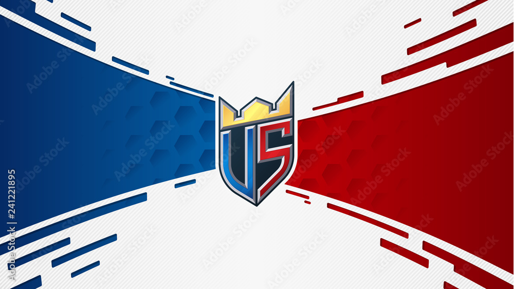 Poster versus screen concept. vs sticker monogram with crown. red and blue teams confrontation. dynamic bac