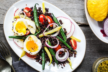 Thai Riceberry with Soft Boiled Egg,Green beans,Cherry Tomato and Radish Salad with Wholegrain dressing