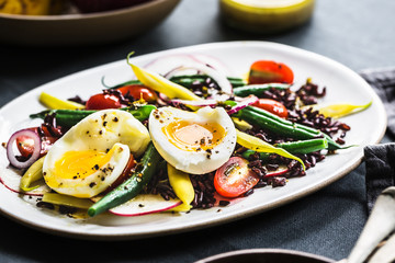Thai Riceberry with Soft Boiled Egg,Green beans,Cherry Tomato and Radish Salad with Wholegrain dressing