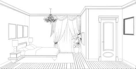 bedroom, contour visualization, 3D illustration, sketch, outline