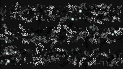 Percent Sings on Dark Background. Black Poster with Silver Percent Sings and Snowflakes. Vector Discount Sale Background.