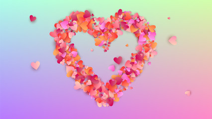 Valentine's Day Background. Many Random Falling Pink Hearts on Hologram Backdrop. Flyer Template. Heart Confetti Pattern. Vector Valentine's Day Background.