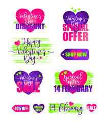 Icon collection for valentine s day sales, set of stickers, templates with lettering. Vector illustration, element for sales design, congratulation cards, label, print, UI, banners