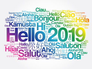 Hello 2019 word cloud in different languages of the world, background concept