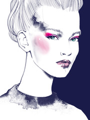 Young beautiful girl drawing fashion illustration portrait