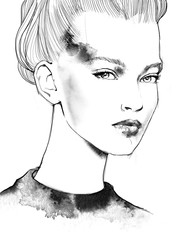 Young beautiful girl draw portrait fashion illustration