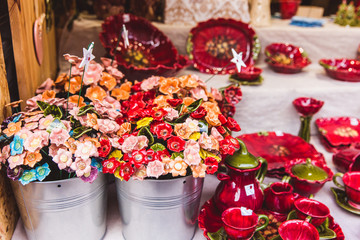 Traditional Hungarian handmade ceramics for interior decoration in the market in Budapest, Hungary