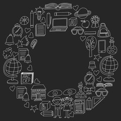 Fototapeta premium Vector set of secondary school icons in doodle style. Painted, black monochrome, chalk pictures on a blackboard.