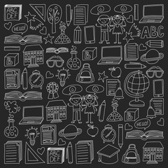 Vector set of secondary school icons in doodle style. Painted, black monochrome, chalk pictures on a blackboard.