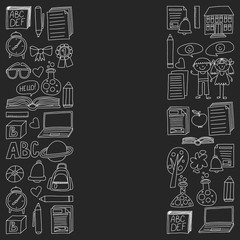 Vector set of secondary school icons in doodle style. Painted, black monochrome, chalk pictures on a blackboard.