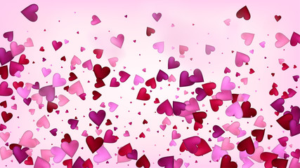 Flying Hearts Vector Confetti. Valentines Day Romantic Pattern. Rich VIP Gift, Birthday Card, Poster Background Valentines Day Decoration with Falling Down Hearts Confetti. Beautiful Pink Frame