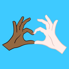 Hand-drawn vector comic hands of a fair-skinned woman and a dark-skinned woman forming a heart and symbolizing love. White, red, blue, purple, heart, isolated graphic.