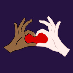 Hand-drawn vector comic hands of a fair-skinned woman and a dark-skinned woman forming a heart and symbolizing love. White, red, blue, purple, heart, isolated graphic.