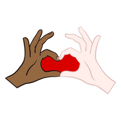 Hand-drawn vector comic hands of a fair-skinned woman and a dark-skinned woman forming a heart and symbolizing love. White, red, blue, purple, heart, isolated graphic.