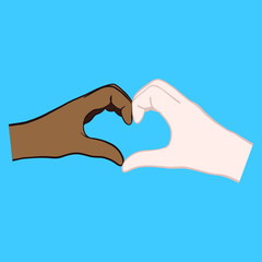 Hand-drawn vector comic hands of a fair-skinned woman and a dark-skinned woman forming a heart and symbolizing love. White, red, blue, purple, heart, isolated graphic.