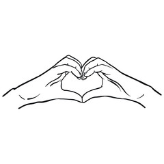 Hand-drawn vector comic hands of a woman shaping a heart and symbolizing love. Heart, white hands, isolated graphic.