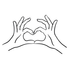 Hand-drawn vector comic hands of a woman shaping a heart and symbolizing love. Heart, white hands, isolated graphic.