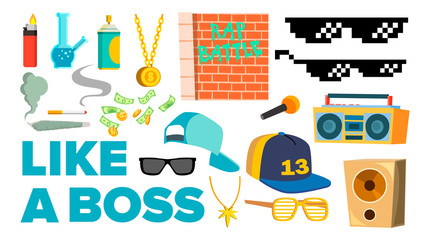Like A Boss Icons Vector. Rapper, Gangster, Cool Singer. Isolated Flat Cartoon Illustration