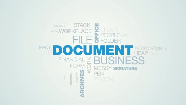 document business file office finance word cloud apear on the white blue gradient background, also used animated bureaucracy organization paperwork archives word as background in uhd 4k 3840 2160