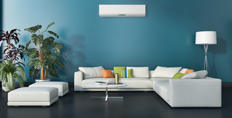 modern bright interiors Living room with air conditioning illustration 3D rendering computer generated image - obrazy, fototapety, plakaty