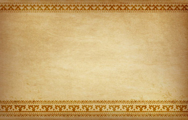 Piece of parchment with ethnic ornaments of northern nations. Geometric native borders. Banner, background with copy place.
