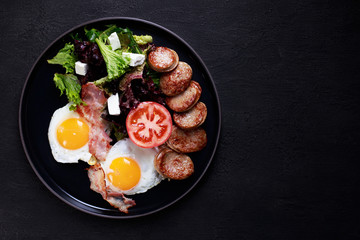 Fototapeta na wymiar continental breakfast food, business lunch, restaurant menu, delicious nourishing morning meals, roasted eggs, sausage and salad