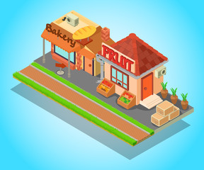 Food street concept banner. Isometric banner of food street vector concept for web, giftcard and postcard