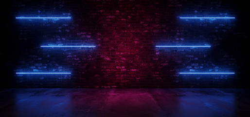 Retro Neon Sci Fi Modern Futuristic Neon Glowing Blue Line Lights On Grunge Brick  Purple Glowing Wall Concrete Reflection Floor Dark Room Empty 3D Rendering