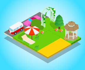 Beautiful location concept banner. Isometric banner of beautiful location vector concept for web, giftcard and postcard